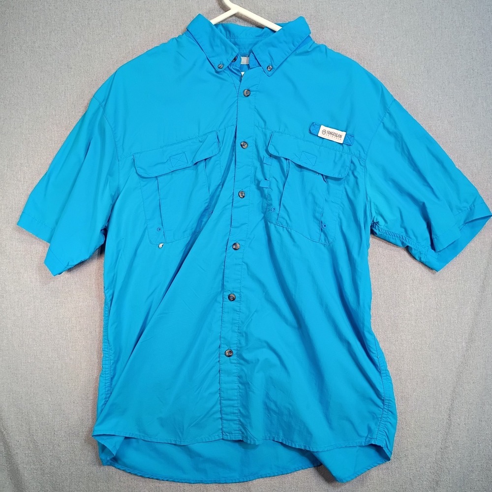 Magellan Fish Gear Mens L Blue Fishing Shirt Vented Moisture Wicking Camp Angler